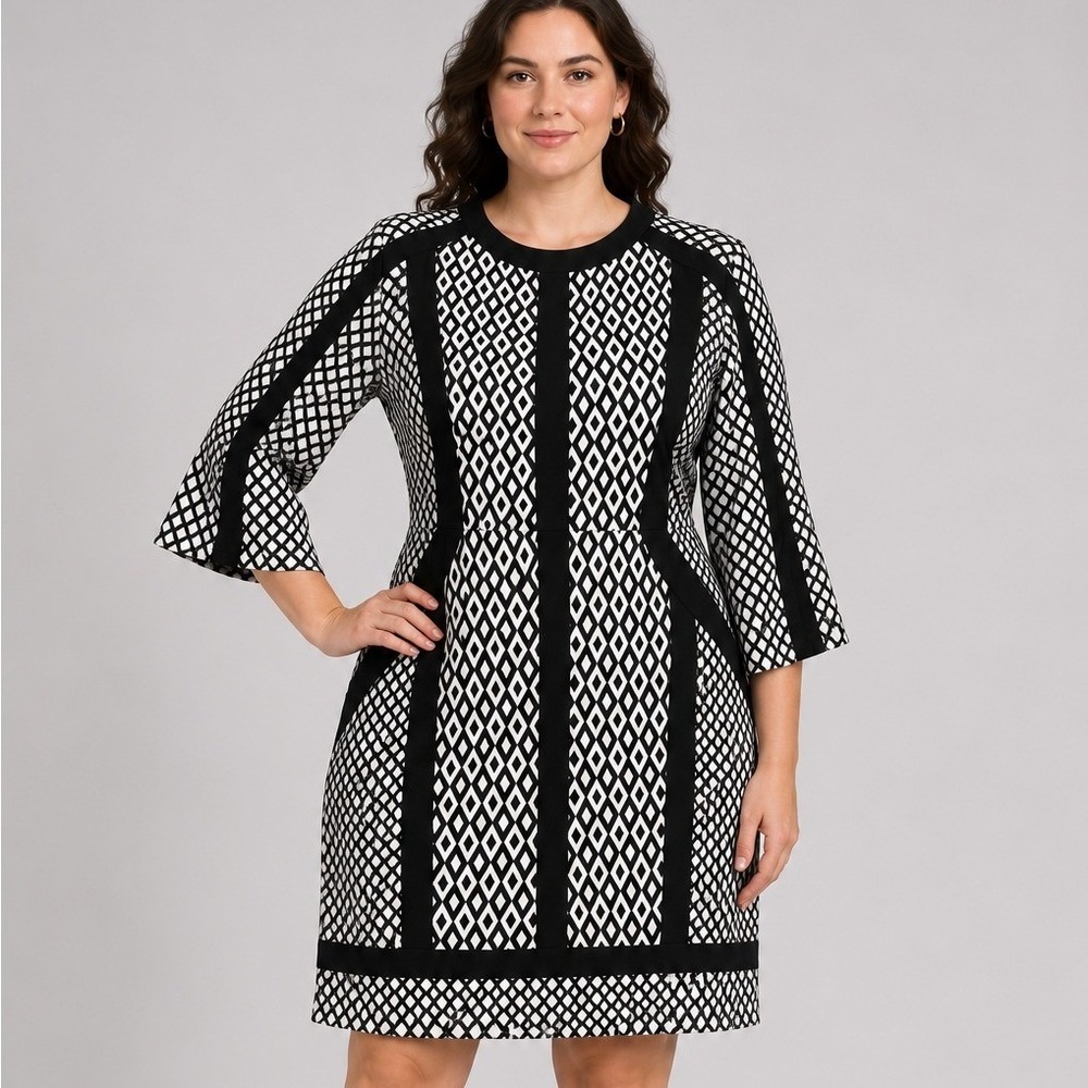 Gracia Black White Geometric Diamond Print Sheath Dress Elbow Sleeve Size L